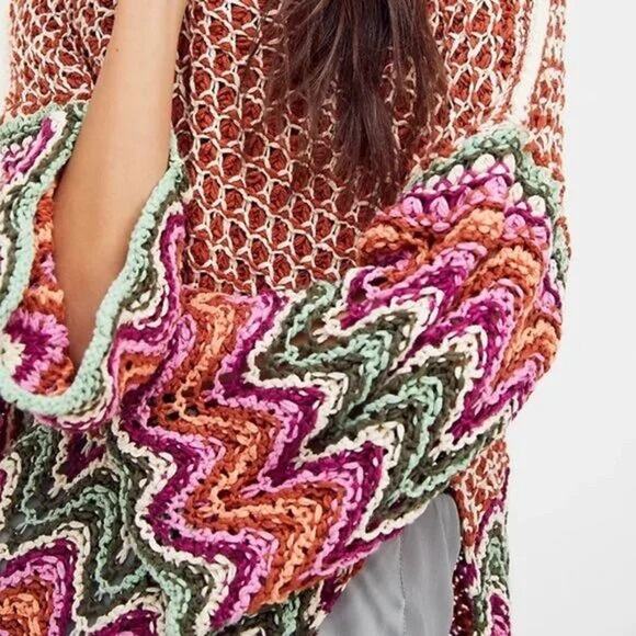 Free People Heatwave Oversized Pullover Cotton Knit Crochet Colorful Sweater - Picture 4 of 13
